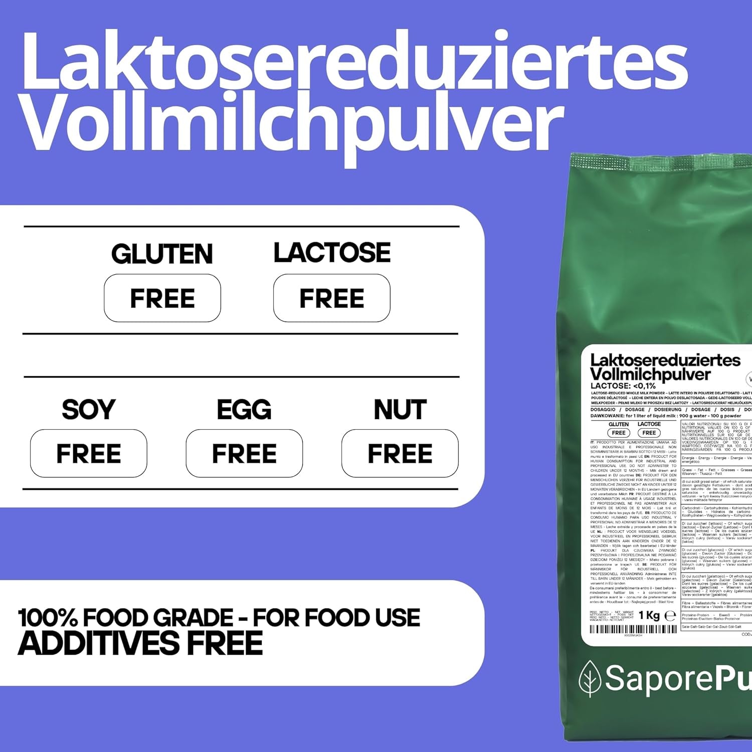 Laktosefreies Vollmilchpulver 1 kg | Hohe Löslichkeit | Ideal für Backwaren, Brot und Lebensmittel. Professioneller und industrieller Einsatz. Laktosefrei, Glutenfrei