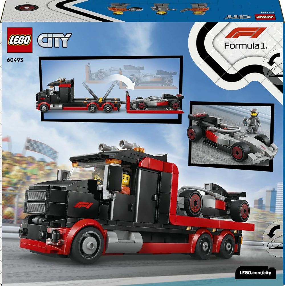 LEGO City F1 Truck mit Audi F1 Rennwagen - Spielzeug Modellbau mit 3 Minifiguren und Fahrzeug Hebefunktion - Geschenkidee für Jungen ab 7 Jahren und Motorsportfans - 60493