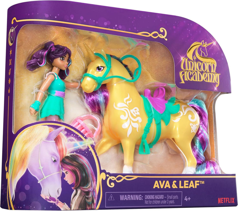 Unicorn Academy AVA und Unicorn Leaf Set – ca. 12 cm große Originalfiguren aus der beliebten Netflix-Serie. Mit zwei Accessoires und Haarbürsten. Für fantasievolles Rollenspiel, für Kinder ab 4 Jahren. Actionfiguren von Naty Shop