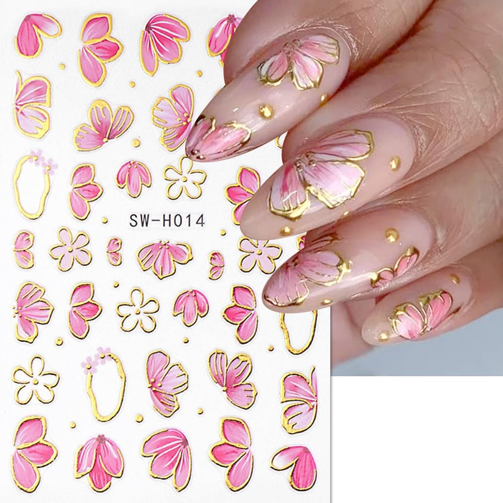 Gold Linie Schieber Rosa Nagelsticker Blumen 3D Flower Nail Sticker Sakura Blütenblätter Blumen Nagelaufkleber Frühling Sommer Floral Nagel Sticker Flowers Nagel Stickers Nageldesign Zubehör Nail Art