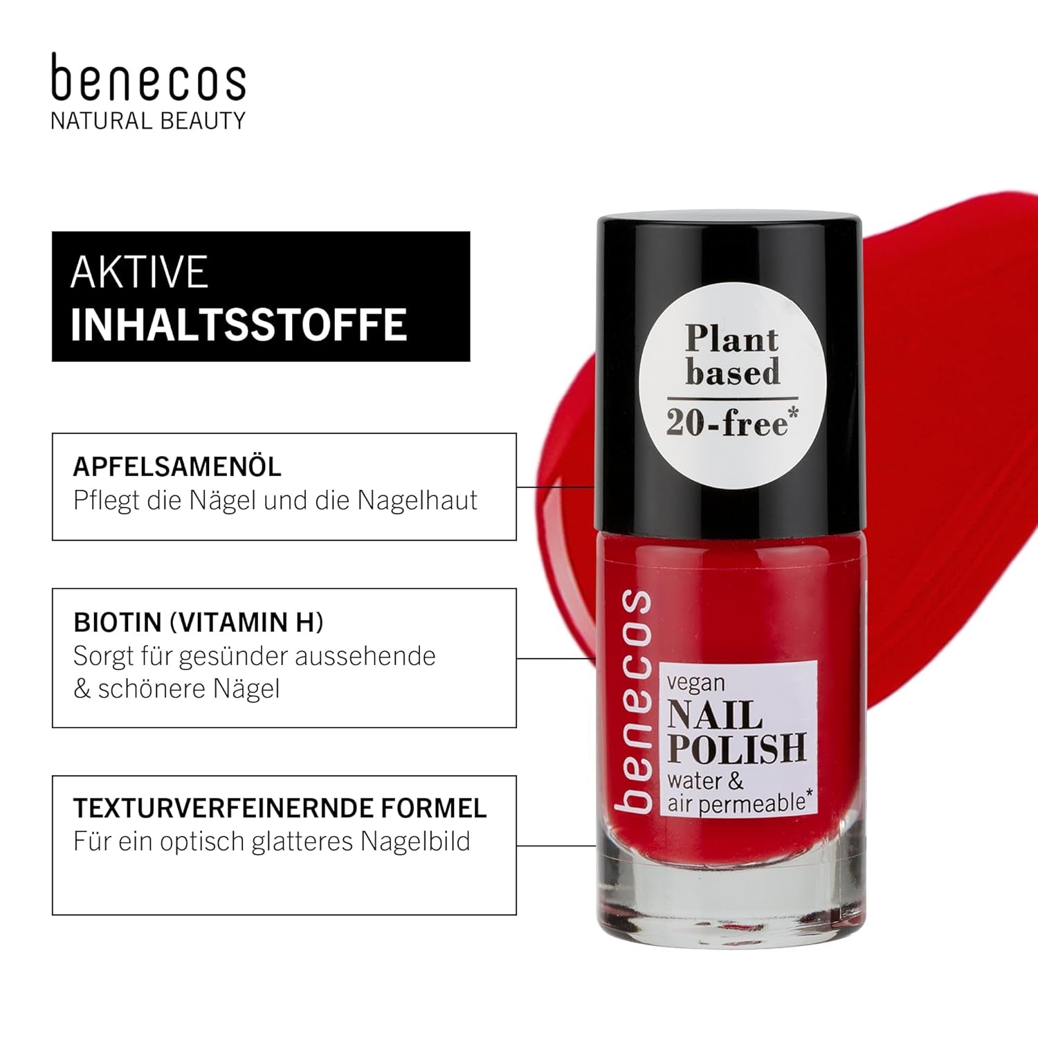 Oja vegană Benecos 20-Free, roșu vintage - ojă pe bază de plante - uscare rapidă și de lungă durată - permeabilă la apă - îmbogățită cu biotină - 5ml