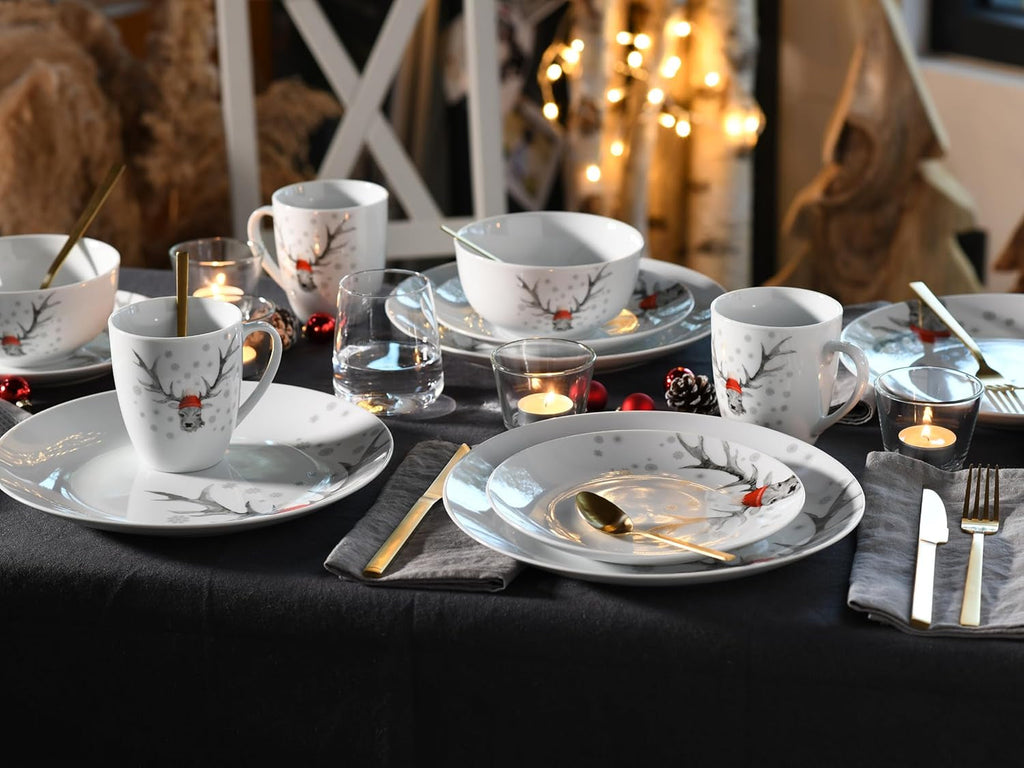 Creatable, 21498, Serie Luna Hirsch, 18-Teiliges Geschirrset Für 6 Personen, Frühstücksset Aus Porzellan, Spülmaschinen- Und Mikrowellengeeignet, Qualitätsproduktion Seturi vesela masa Naty Shop