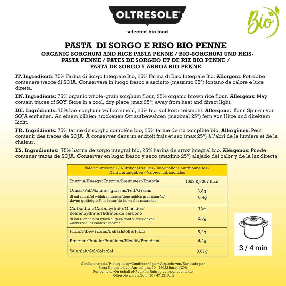 - paste italiene organice din sorg și orez, fără gluten, formă penne - paste fără gluten făcute cu făină integrală din agricultura organică italiană, vegane, pachet de 3 pachete x 350g