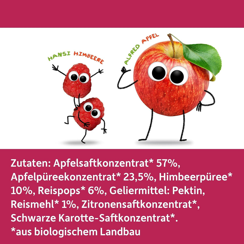 FRECHE FREUNDE Jeleuri organice cu fructe, măr, zmeură și acadele de orez, gustare dulce-fructată pentru copii, fără gluten, vegană, pachet de 20 (20 x 30g)