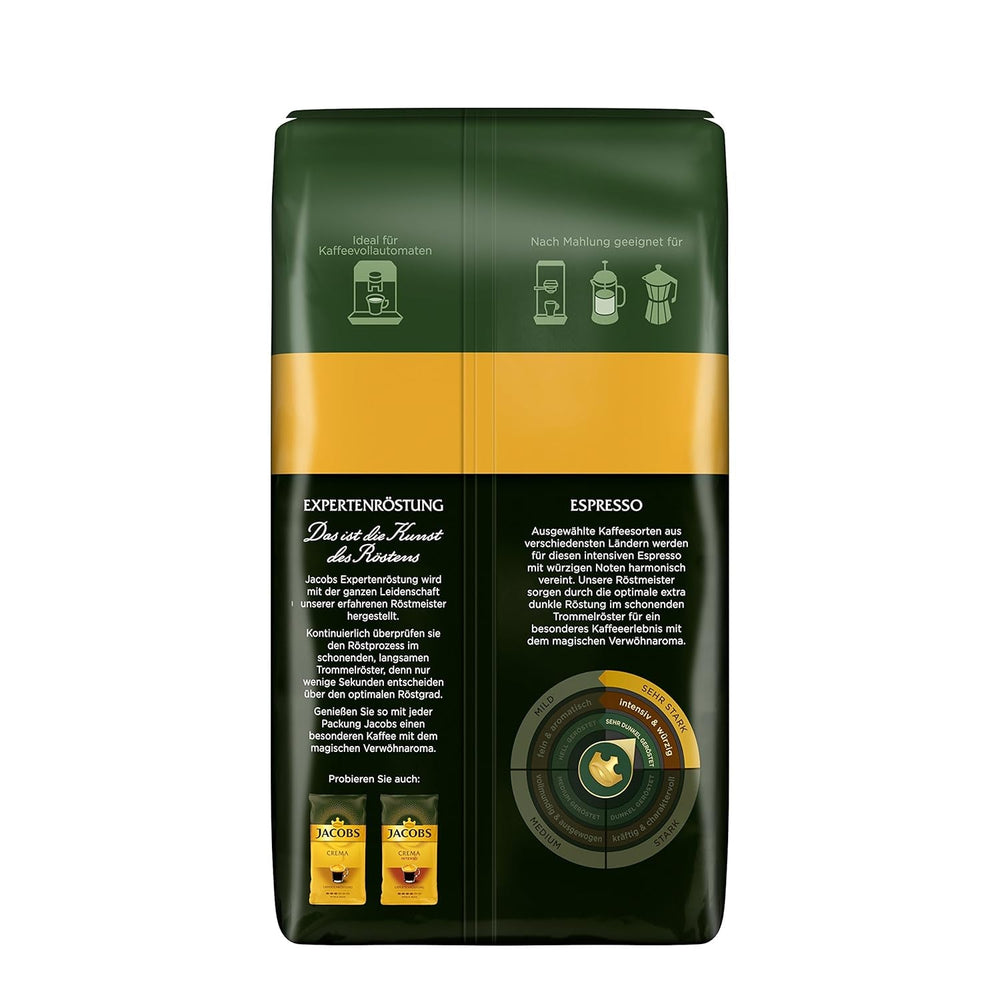 Boabe de cafea Jacobs Café Espresso 1kg – Puternice, picante, boabe Arabica și Robusta, intensitate 8/10, ideale pentru espresso (pachet de 4)