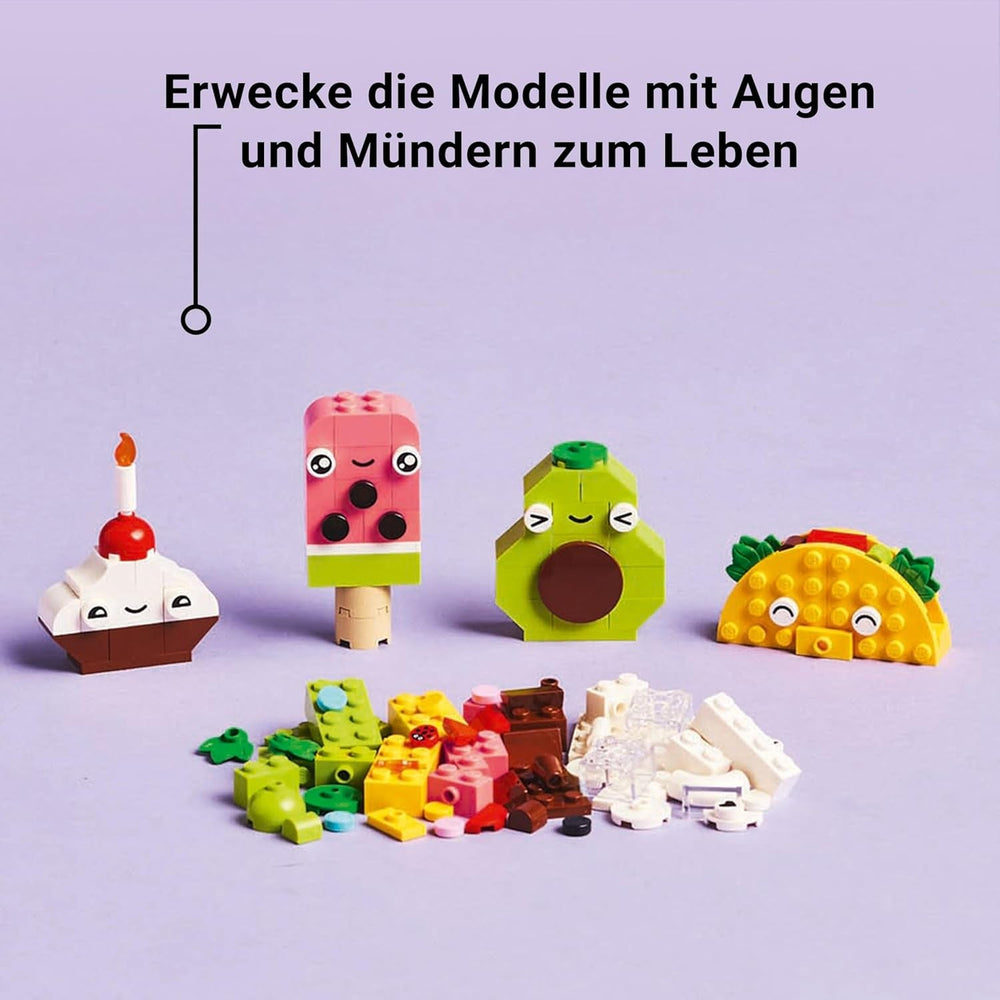 LEGO Classic Kreativer Snack Bauspaß, Spielzeug mit Essen für fantasievolle Rollenspiele, Bauset für Jungen und Mädchen ab 4 Jahren, Cupcake, Avocado, EIS am Stiel und Taco 11039