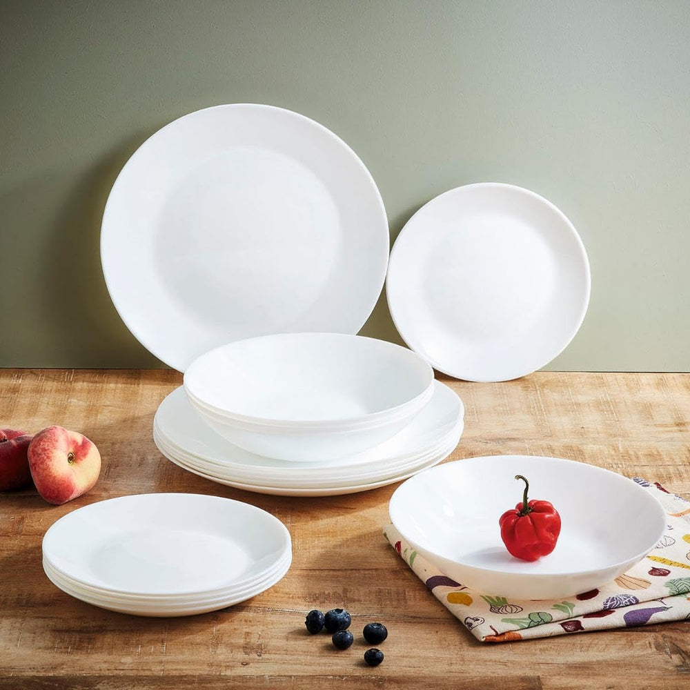 Set complet de veselă albă pentru 6 persoane, 24 de piese, 6 farfurii de cină, 6 farfurii de sumă, 6 farfurii de desert și 6 cești, multicolor, 24 de piese