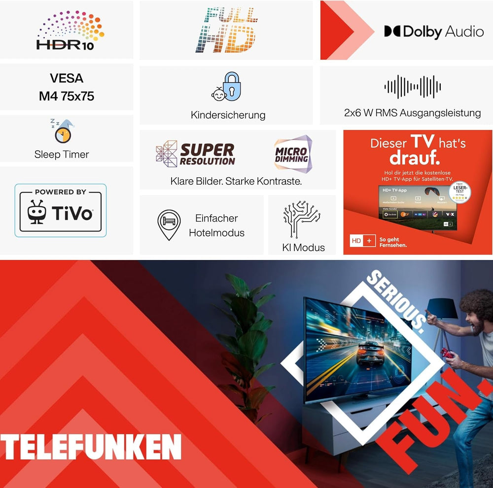 Televizor inteligent TELEFUNKEN de 40 de inci, cu tehnologie TiVo Full HD, HDR TV cu tuner triplu și 6 luni de HD+ incluse, televizor LED XF40TP900S (2026)