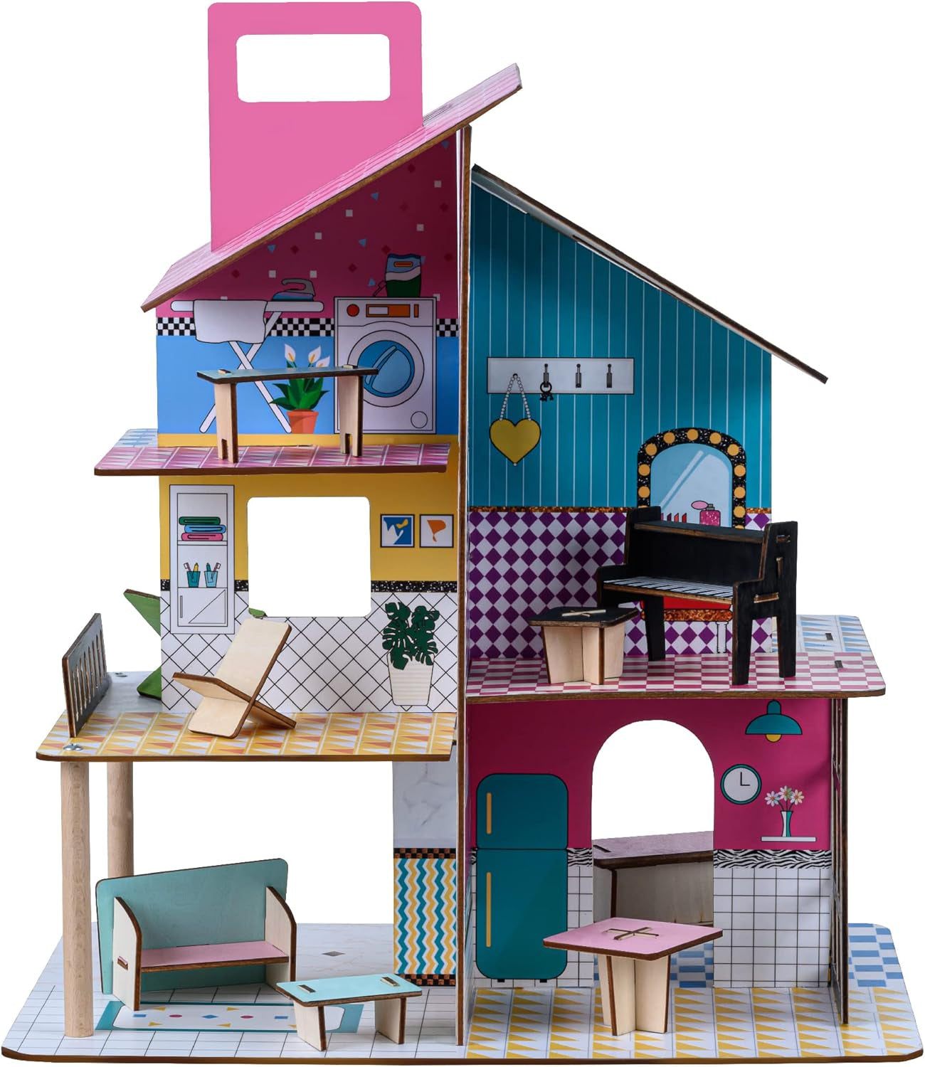 Olivia'S Little World 360 Casă de păpuși din lemn pentru copii Păpuși de 3,5" și 12 accesorii Multicolor TD-13260C Casute de papusi Naty Shop