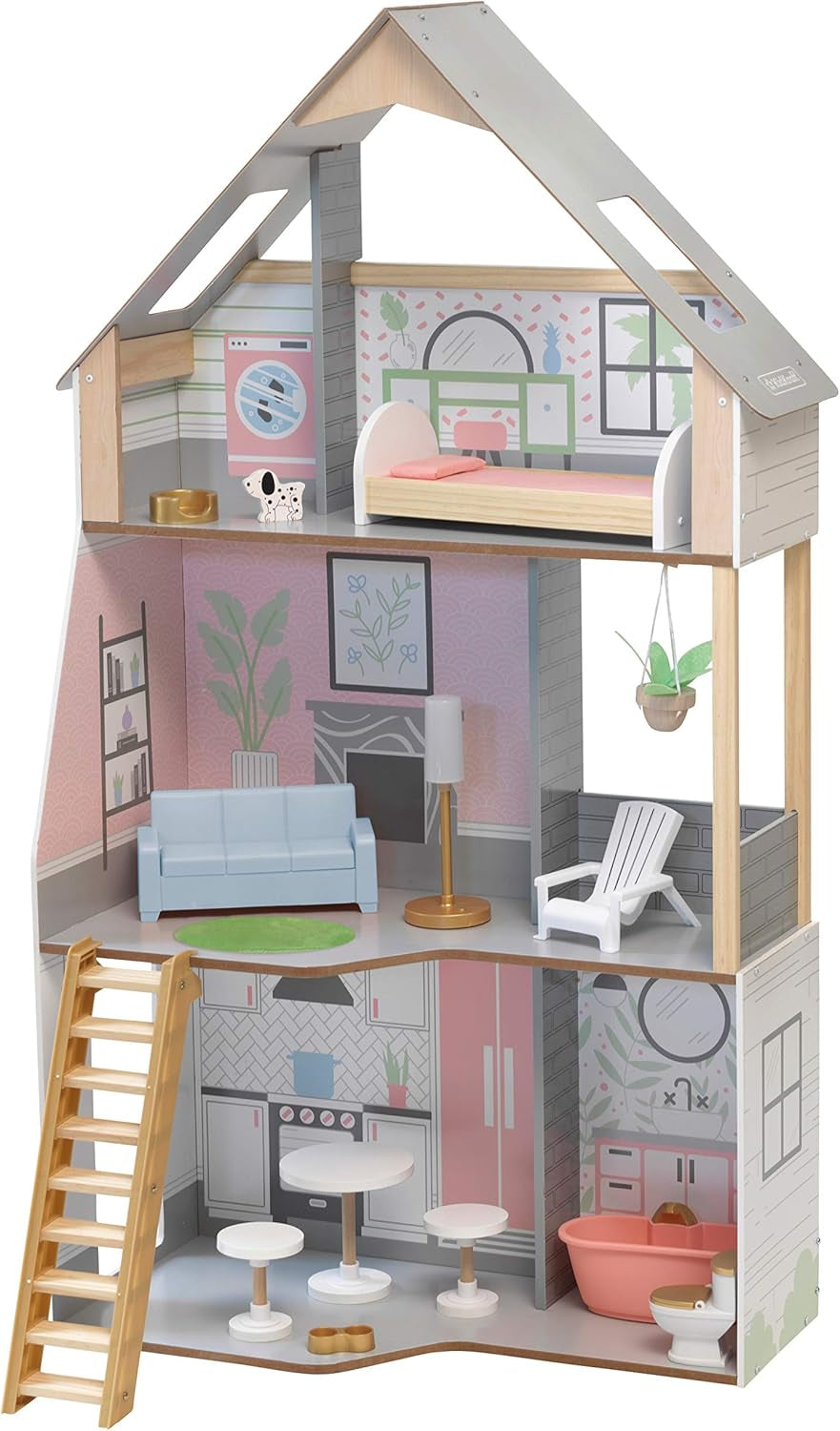 Kidkraft Alina Holzpuppenhaus mit Möbeln und Zubehör für 30-cm-Puppen, 3-stöckiges Spielset mit Hund und beweglicher Treppe, Spielzeug für 3-jährige Kinder, 10229 Naty Shop Puppenhäuser