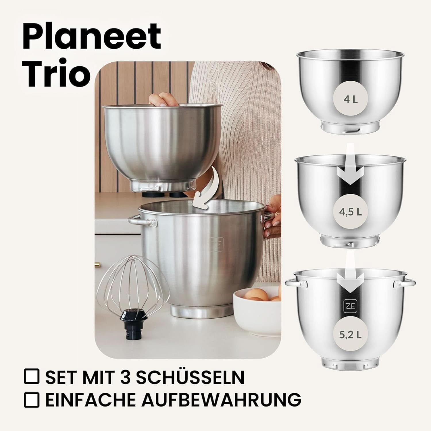 ZEEGMA PLANEET TRIO Planetenroboter, 1500 W, Multifunktionale Küchenmaschine Mit 3 Schüsseln 4 L, 4,5 L Und 5,2 L, 10 Betriebsgeschwindigkeiten, Mixer Mit Haken, Schneebesen (Schwarz) Mother and Child Naty Shop