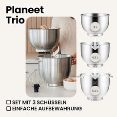 ZEEGMA PLANEET TRIO Planetenroboter, 1500 W, Multifunktionale Küchenmaschine Mit 3 Schüsseln 4 L, 4,5 L Und 5,2 L, 10 Betriebsgeschwindigkeiten, Mixer Mit Haken, Schneebesen (Schwarz) Mother and Child Naty Shop