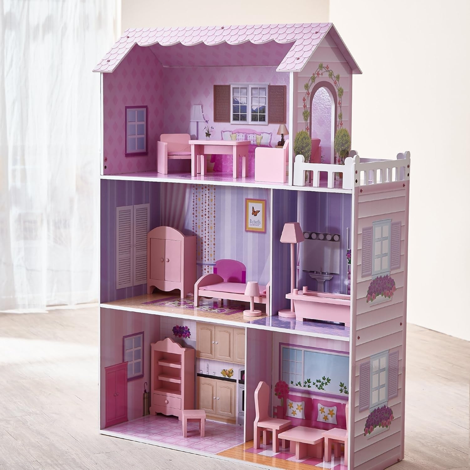 Olivia's Small World Riesenpuppenhaus, großes Puppenhaus aus Holz mit Möbeln und Zubehör, 3-stöckiges Puppenhaus für Kinder, Puppenhaus für 12-Zoll-Puppen, ab 3 Jahren Naty Shop Puppenhäuser