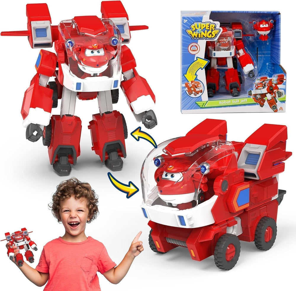Super Wings EU750322 – Transformierender neuer Roboteranzug Donnie, ca. 23 cm große Actionfigur für Kinder, verwandelbares Spielzeugflugzeug und Roboterfigur, gelbe Actionfiguren Naty Shop Jett