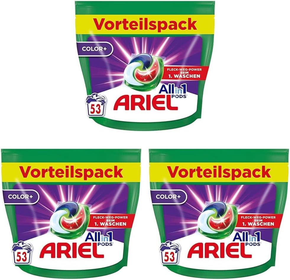Ariel Allin1 PODS, Flüssigwaschmittelkapseln Colour+ 53 Wäschen, hervorragende Fleckenentfernung beim ersten Waschen Waschmittel Rufe Naty Shop 3 x 53 Kapseln Klassisches Modell
