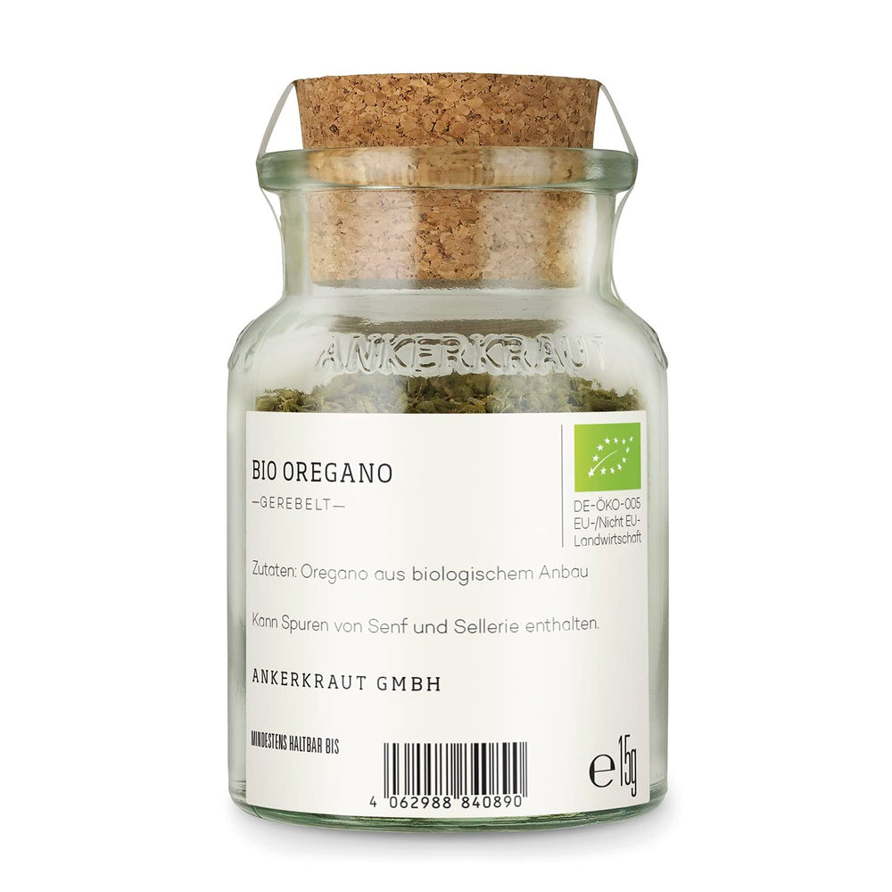 Ankerkraut BIO Oregano, gerebeltes Küchen-Kraut, 15 g im Korkenglas, Bio-Qualität zum selber Würzen, Gewürz mediterrane Küche für Pizza & Pasta
