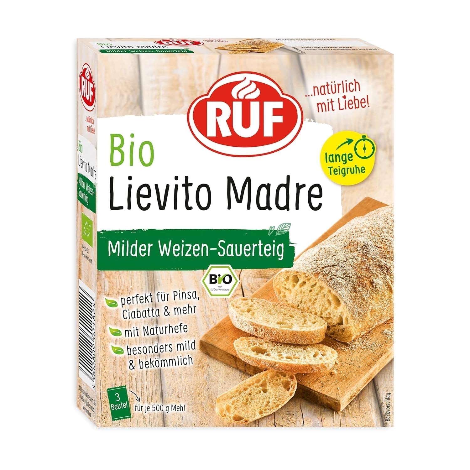 RUF Lievito Madre Sauerteig, Milder Weizen-Sauerteig, Mutterteig, Kurze Teigruhe Durch Enthaltene Trockenhefe, Lievito Madre Getrocknet Für Brot, Baguette, Focaccia, 3X35G Mischung zum Backen und Kochen Naty Shop 105 G (1Er Pack) Lange Teigruhe
