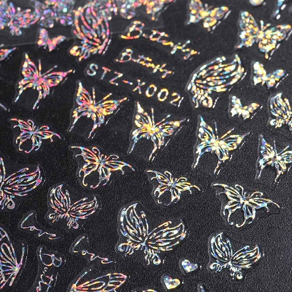 6 Blatt Schmetterling Nagelsticker Selbstklebend Laser Silber Schmetterlings Nagelaufkleber 3D Aurora Silber Schwarz Schmetterlinge Nagel Stickers Frühling Nageldesign Nail Sticker Nail Art Zubehör