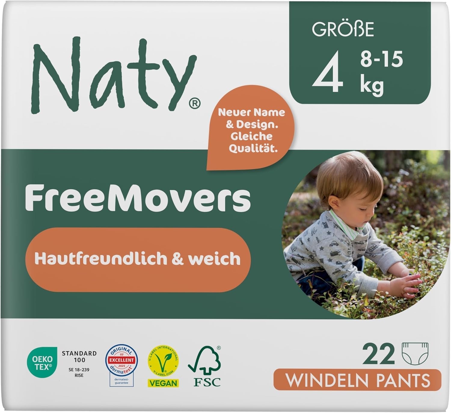 Scutece Naty FreeMovers pentru bebeluși | Huse de scutece certificate, prietenoase cu pielea | Moi și fără parfum | Absorbante și rezistente la scurgeri | Testate dermatologic | Mărimea 5 (12–18 kg) | 80 bucăți