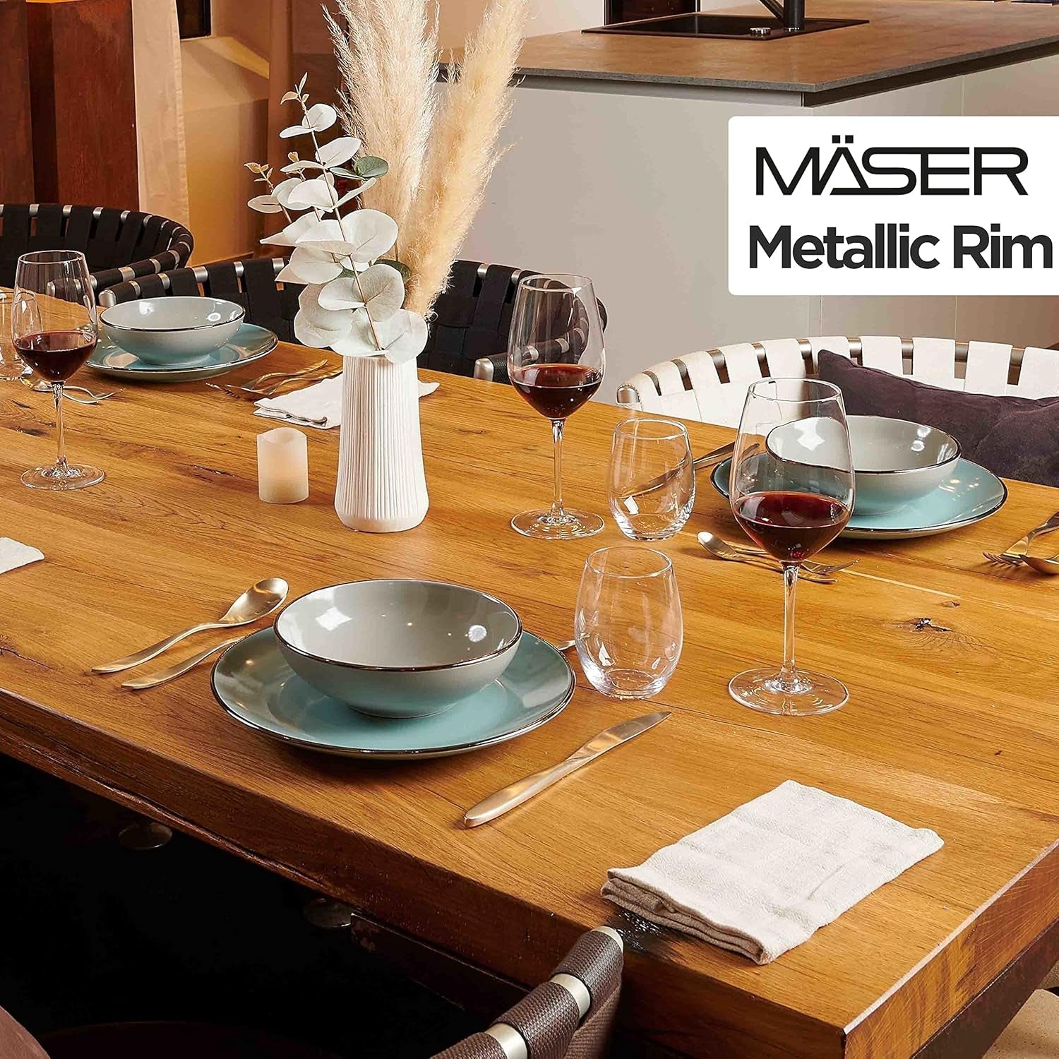 MÄSER Metallic Rim, Modernes Geschirr Set Für 4 Personen Mit Messingfarbenem Rand, 16-Teiliges Kombiservice Mit Randlosen Coupe-Formen, Steinzeug, Grau Tableware Sets Naty Shop