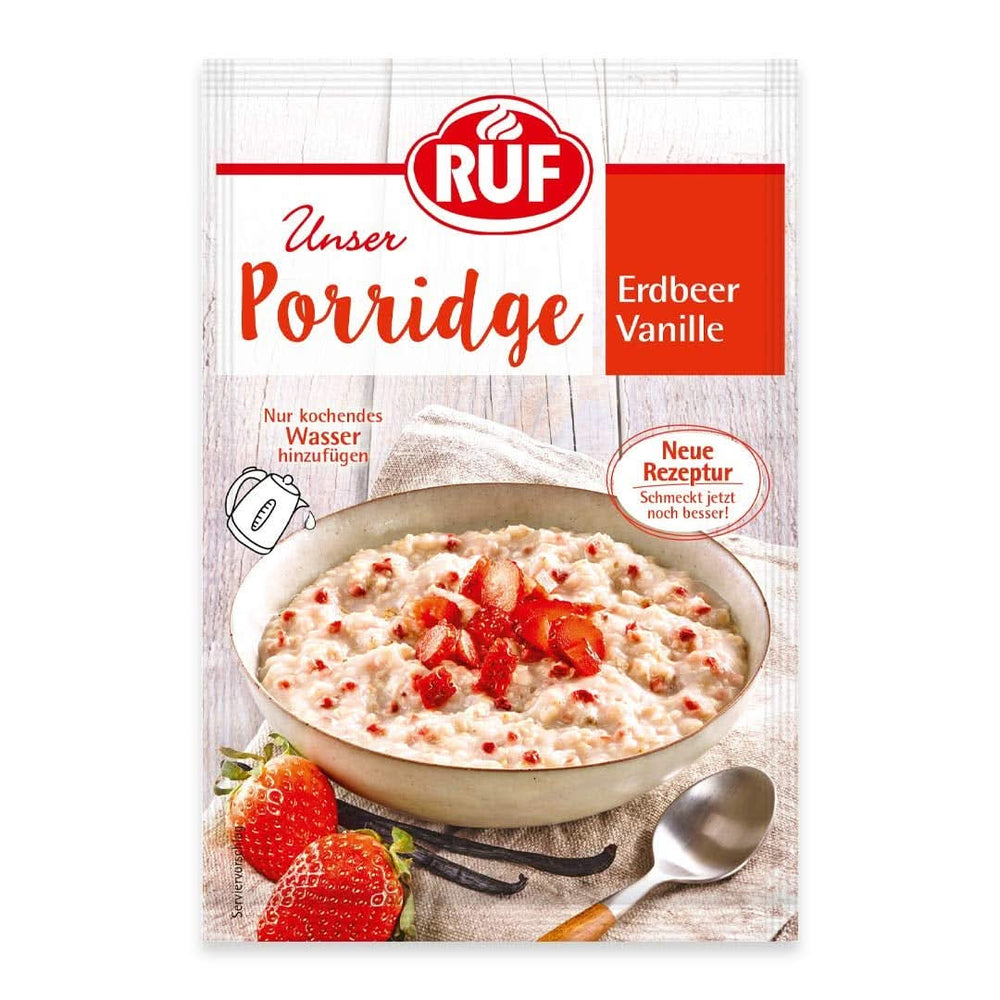 RUF Porridge Raspberry White Choc, Porridge instant cu bucăți de zmeură și ciocolată albă rasă, 65 de grame Cereale Naty Shop 65 grame Căpșuni și vanilie
