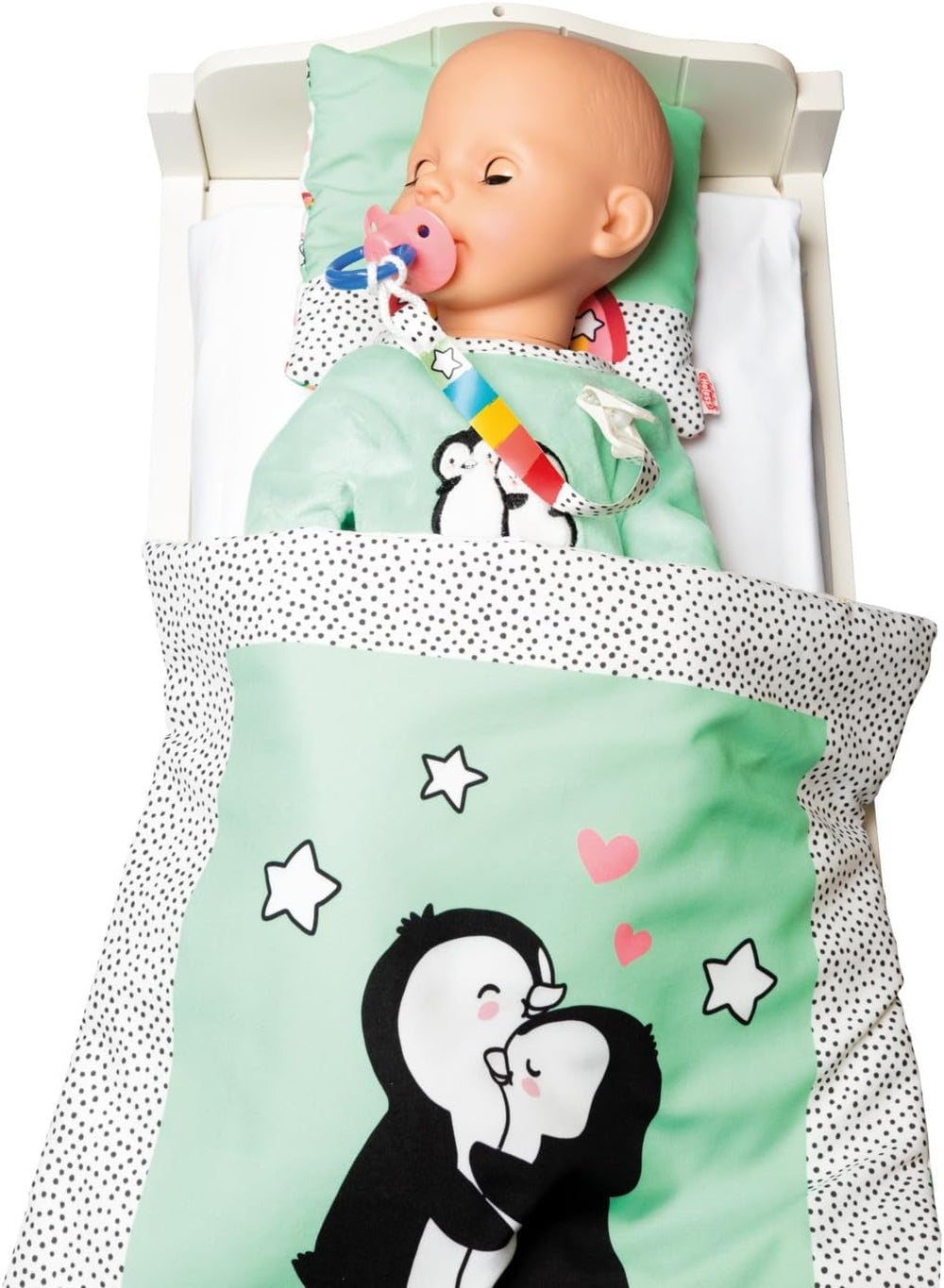 Heless 1181 - Strampler für Puppen im Pinguin Pünktchen Design, aus Softvelours mit hochwertiger Bestickung, Größe 28 - 35 cm