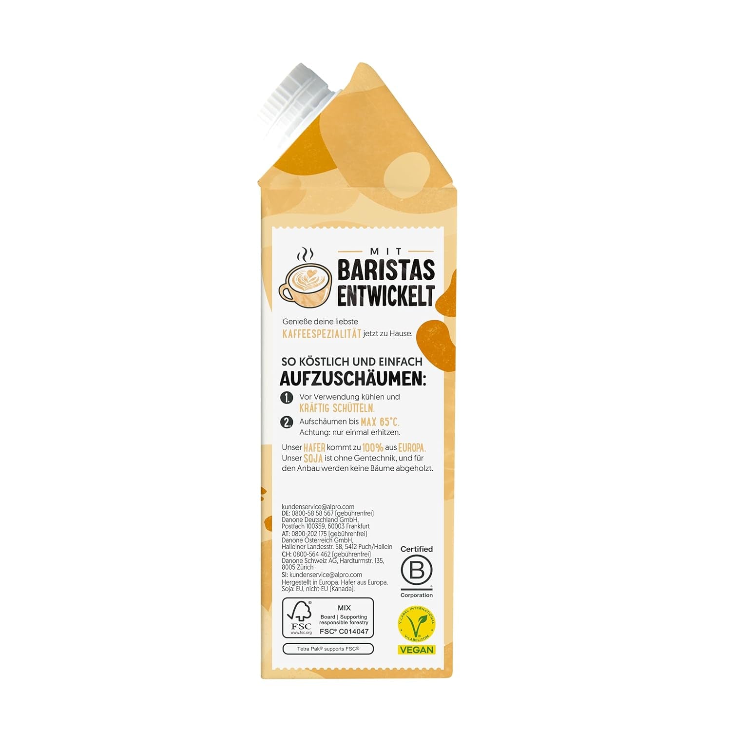 Alpro Barista Vanille – Zum Aufschäumen – Von Natur aus laktosefrei – Reich an Ballaststoffen, Calcium und Vitaminen – 8 x 750 ml – Haltbar