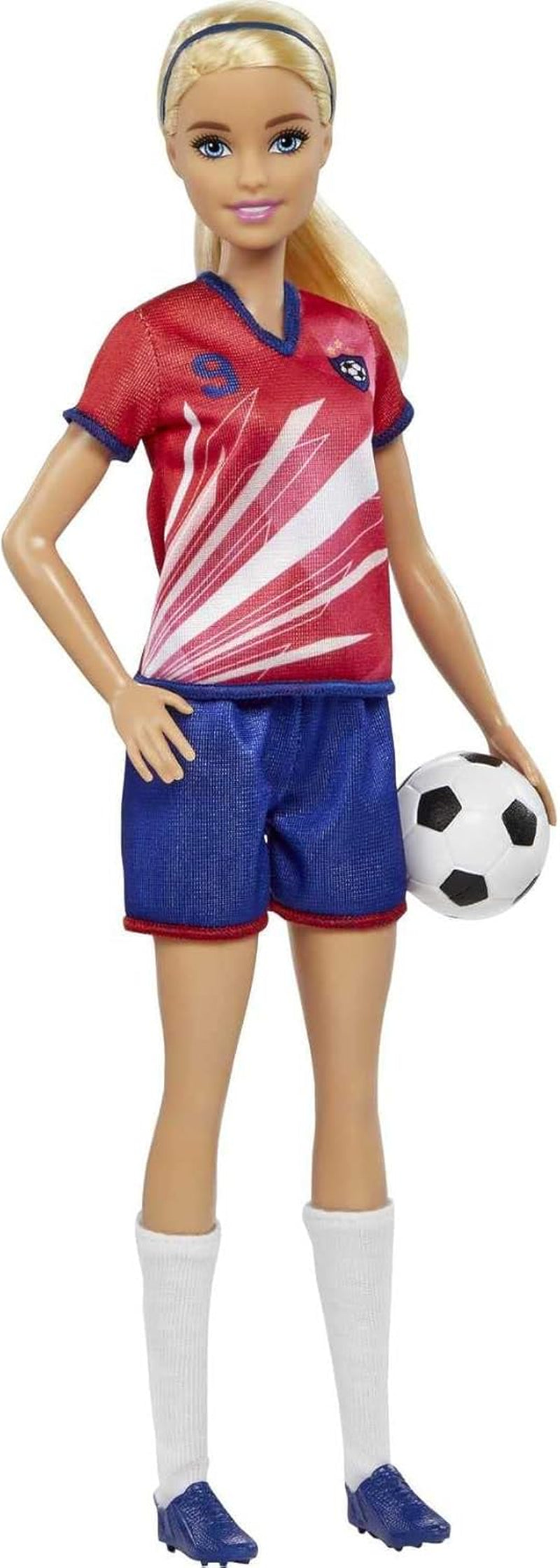 Barbie You Can Be Anything Serie, Fußballspieler, Fußballspieler mit blonden Haaren, rotem und blauem Trikot, Ball, Zubehör, inkl. Puppe, Geschenk für Kinder ab 3 Jahren,HCN17