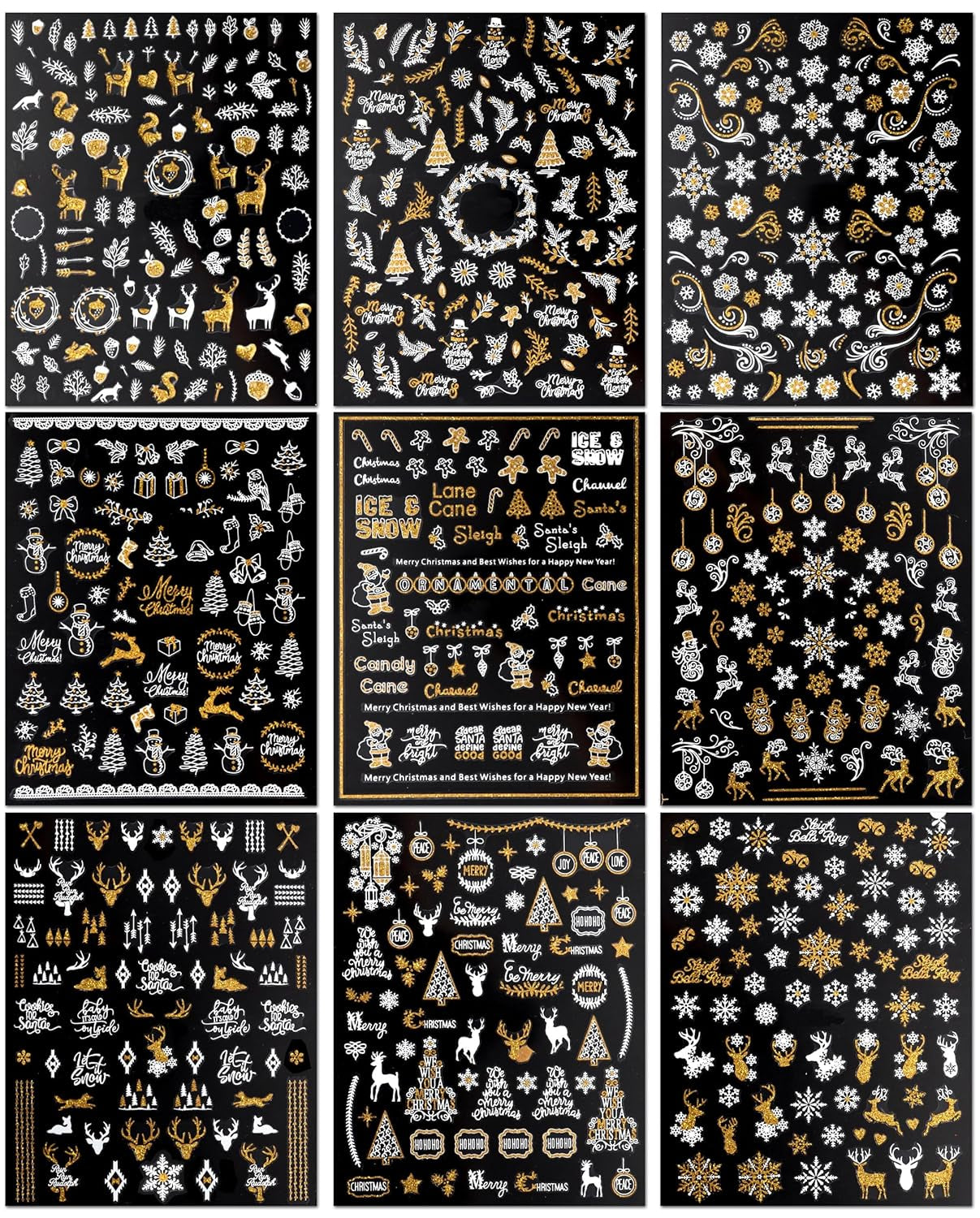 JMEOWIO Nagelsticker Weihnachten 9 Blatt Nail Art Sticker Selbstklebend Nagelaufkleber Schneeflocke Schneemann Festival Weißes Gold Dekoration Nageldesign Zubehör