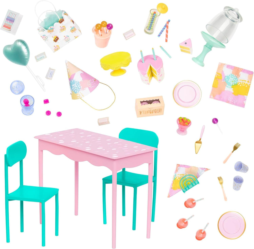 Glitter Girls - GG Surprise Birthday Party Set & Sashka - Bewegliche 36cm Puppe Sashka - Überraschungs-Geburtstagsparty-Set - Tisch & Stühle Möbel - 3 Jahre +