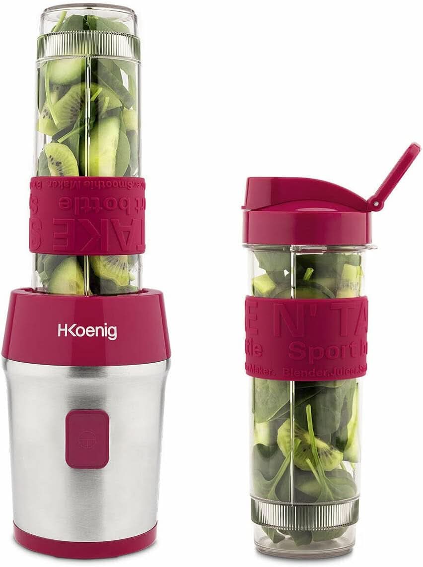H.Koenig Smoothie Maker SMOO9 – Mini-Standmixer – Mini-Mixer – 300 Watt – 570 ml – Edelstahl – 2 Kunststoffflaschen – Bpa-Frei, Grau Kitchen Naty Shop Pink