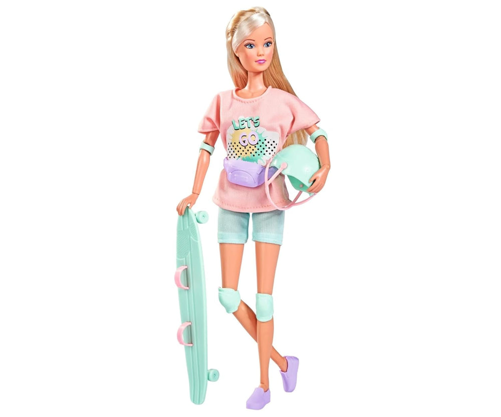 Simba 105733580 - Steffi Love Longboard Girl, Ankleidepuppe im coolen Outfit mit Skateboard, Schoner und Helm, mit Umhängetasche, 29cm Puppe, ab 3 Jahren
