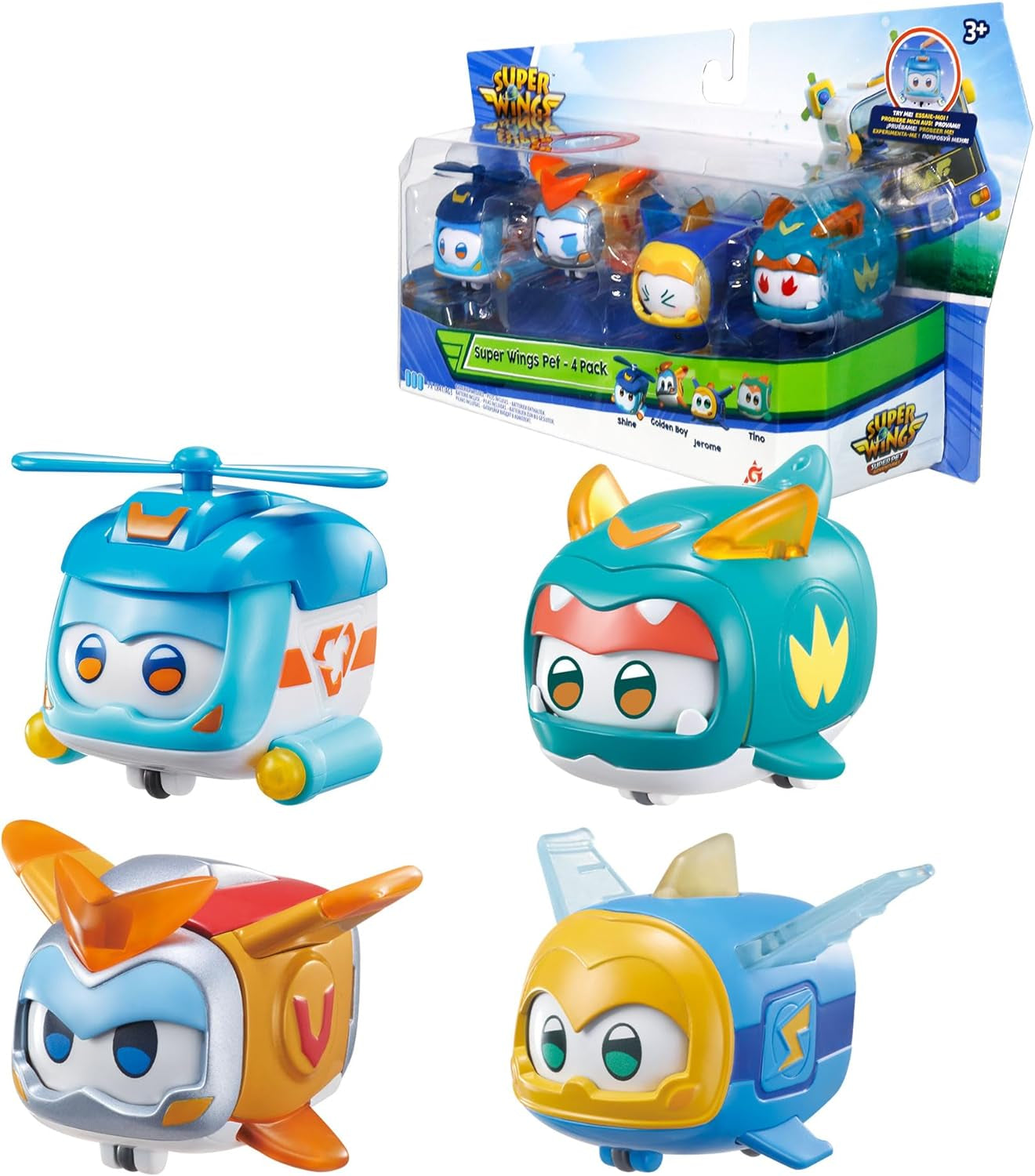Super Wings Super Pets 4 Stück Shine, Golden Boy, Jerome, Ellie, umschaltbarer Gesichtsausdruck, Blitzeffekt, tragbares Spielzeug für Jungen und Mädchen im Alter von 3, 4, 5, 6, 7, 8 Jahren, 5,1 cm große Actionfiguren, Naty Shop, 4er-Pack B
