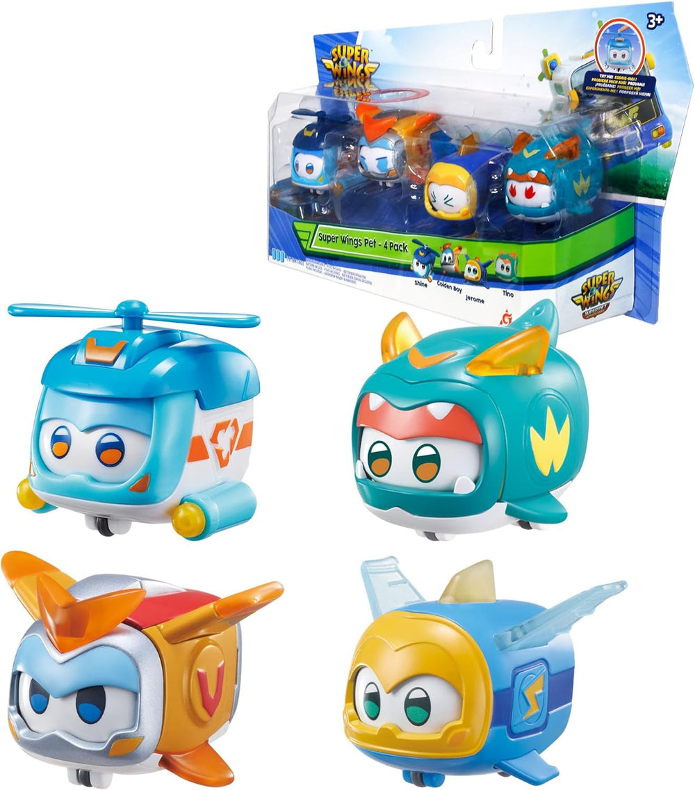 Super Wings Super Pets 4 Stück Shine, Golden Boy, Jerome, Ellie, umschaltbarer Gesichtsausdruck, Blitzeffekt, tragbares Spielzeug für Jungen und Mädchen im Alter von 3, 4, 5, 6, 7, 8 Jahren, 5,1 cm große Actionfiguren, Naty Shop, 4er-Pack B