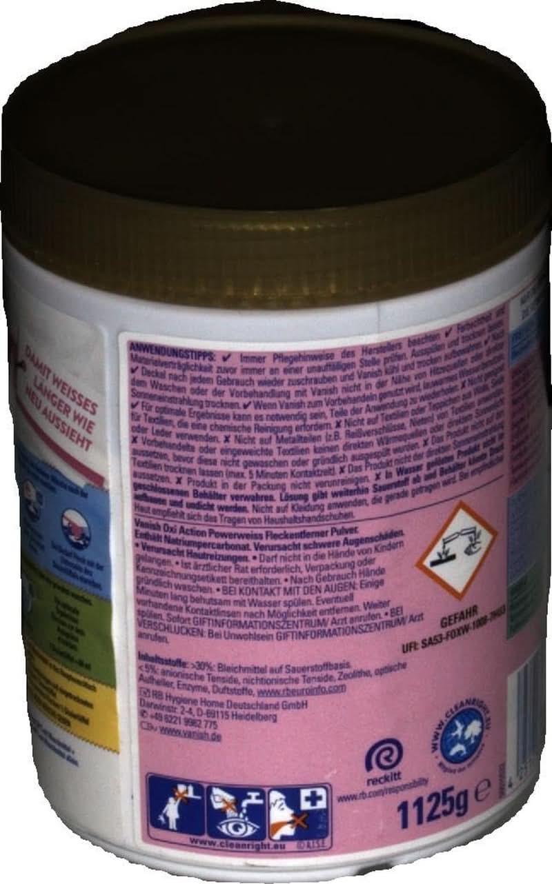 Vanish Oxi Action Powerwhite Powder - 1 X 1,125 Kg - pudră de îndepărtare a petelor și de îmbunătățire a rufelor fără clor - pentru rufe albe Detergenti Rufe Naty Shop