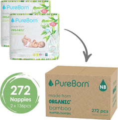 Pureborn Eco Bio-Bambuswindeln, Neugeborenengröße (bis 5 kg), umweltfreundlich, hypoallergen, ultraweich, mit Nässeindikator, verschiedene Aufdrucke Mutter und Baby Naty Shop