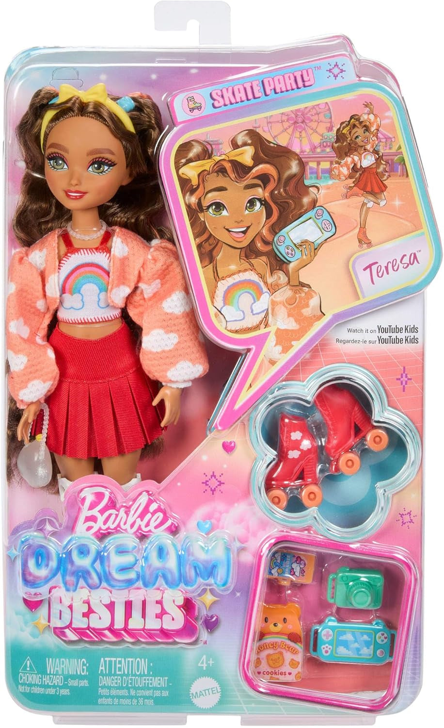 Barbie Dream Besties Puppe und Accessoires, bewegliche Barbie Teresa Rollschuh-Modepuppe mit blondem Haar, 9 Zubehörteile zum Thema Videospiel, JFX98