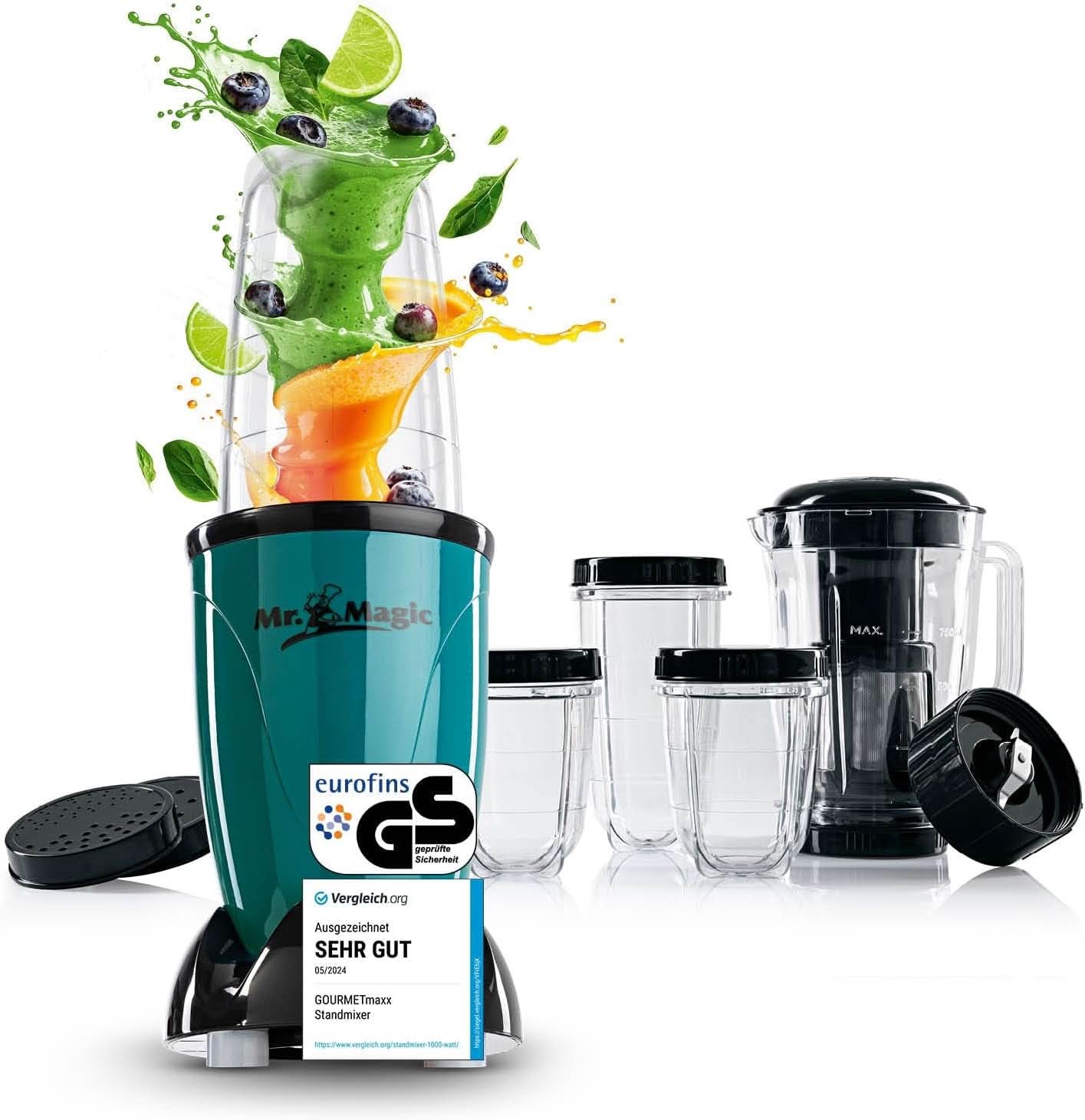 Gourmetmaxx Mr Magic Blender, Smoothie Maker mit XXL-Zubehörpaket Naty Shop Green | Schwarzer Mr. Magic | 400W | XL-Set