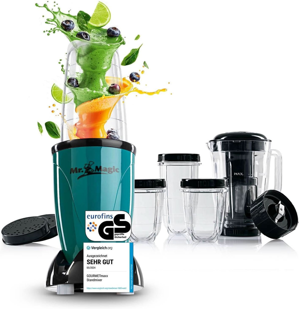 Gourmetmaxx Mr Magic Blender, Smoothie Maker mit XXL-Zubehörpaket Naty Shop Green | Schwarzer Mr. Magic | 400W | XL-Set