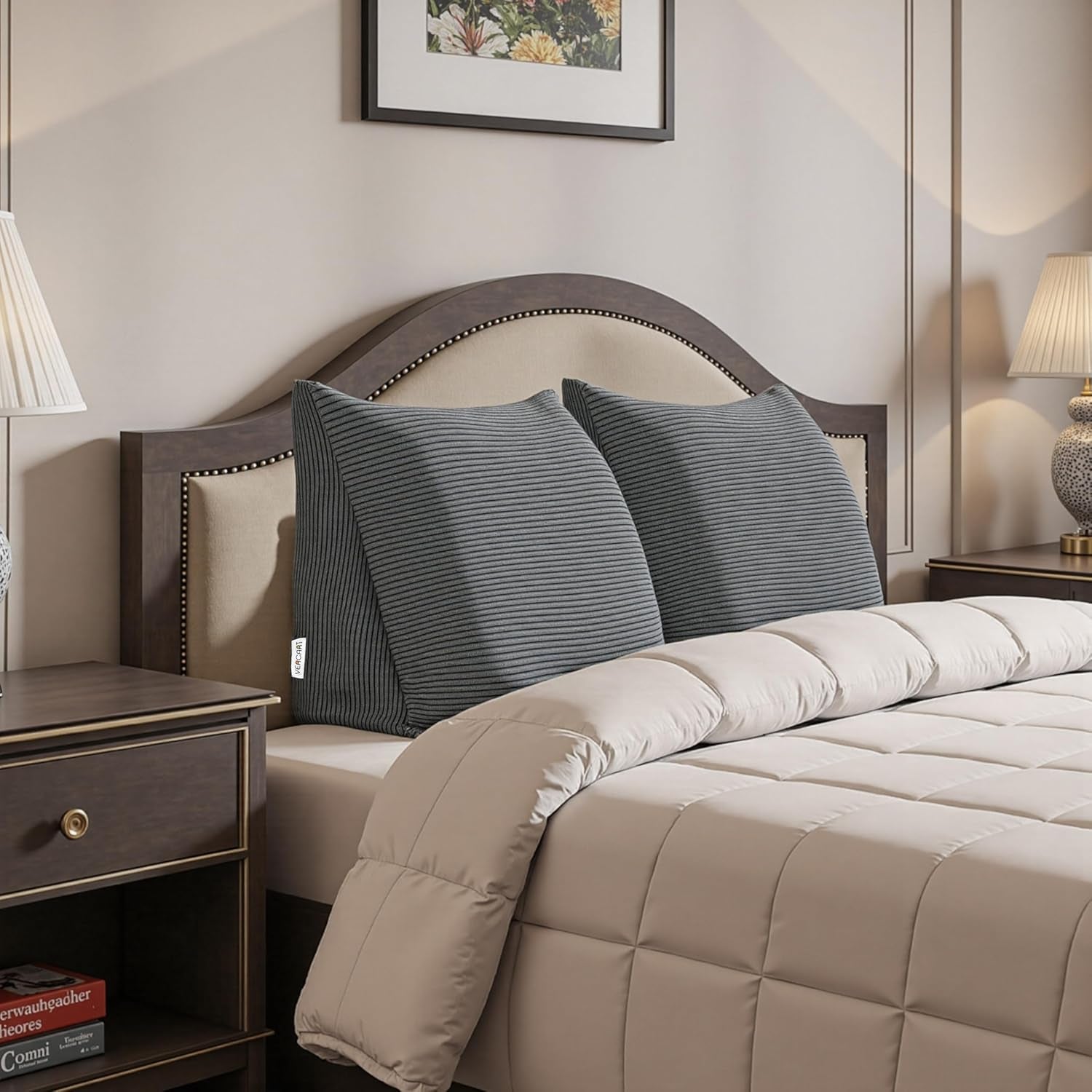 Pernă Johnear cu pană, pernă de citit pentru pat și canapea, pernă pentru spătar, pernă pentru tăblie, pernă lombară triunghiulară mare (gri, 45 cm)