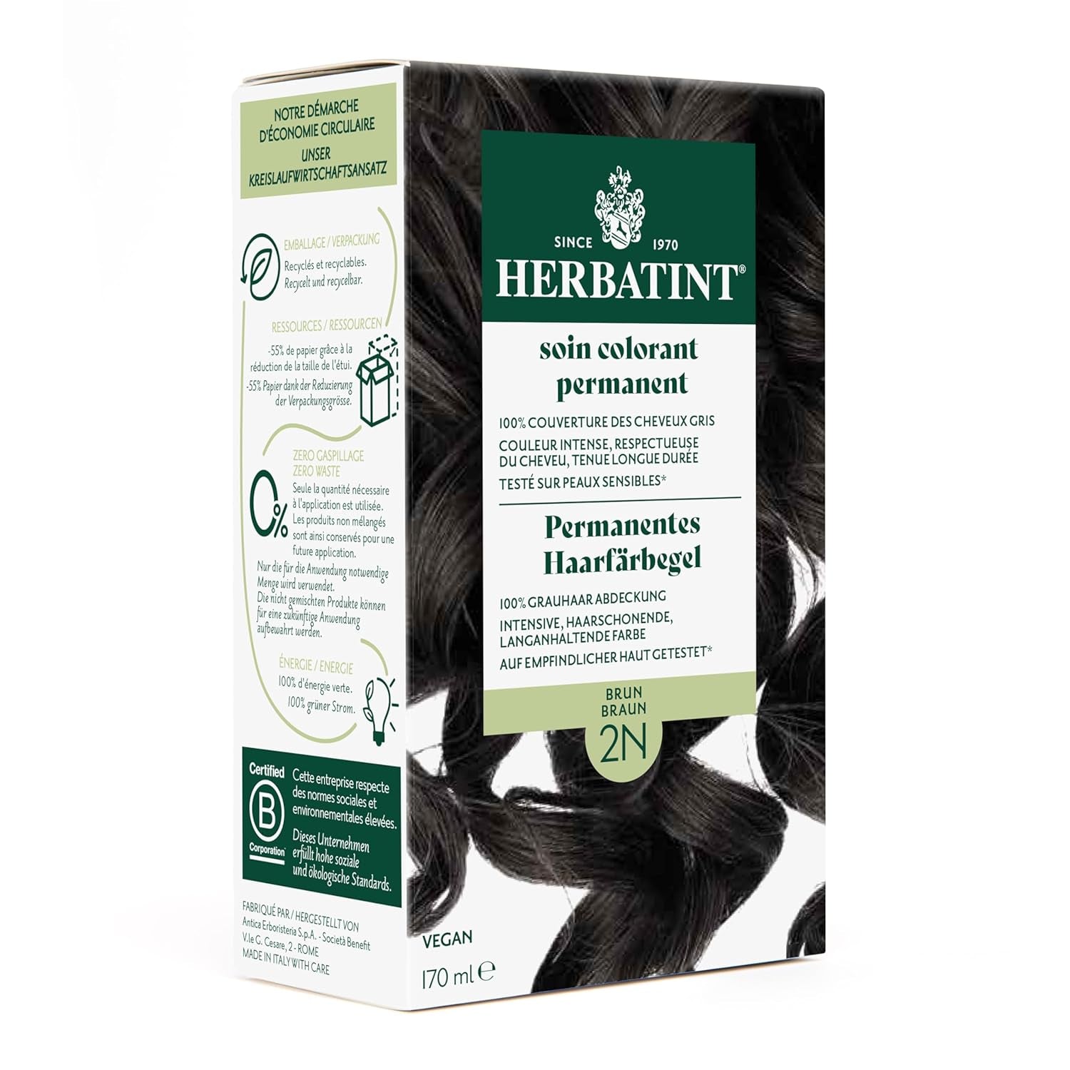 Gel pentru vopsirea permanentă a părului 6N blond închis - 170 ml I Fără amoniac, acoperire 100% a părului gri I Testat pe piele sensibilă, cu 8 extracte de plante Vopsea pentru par Naty Shop 2N maro
