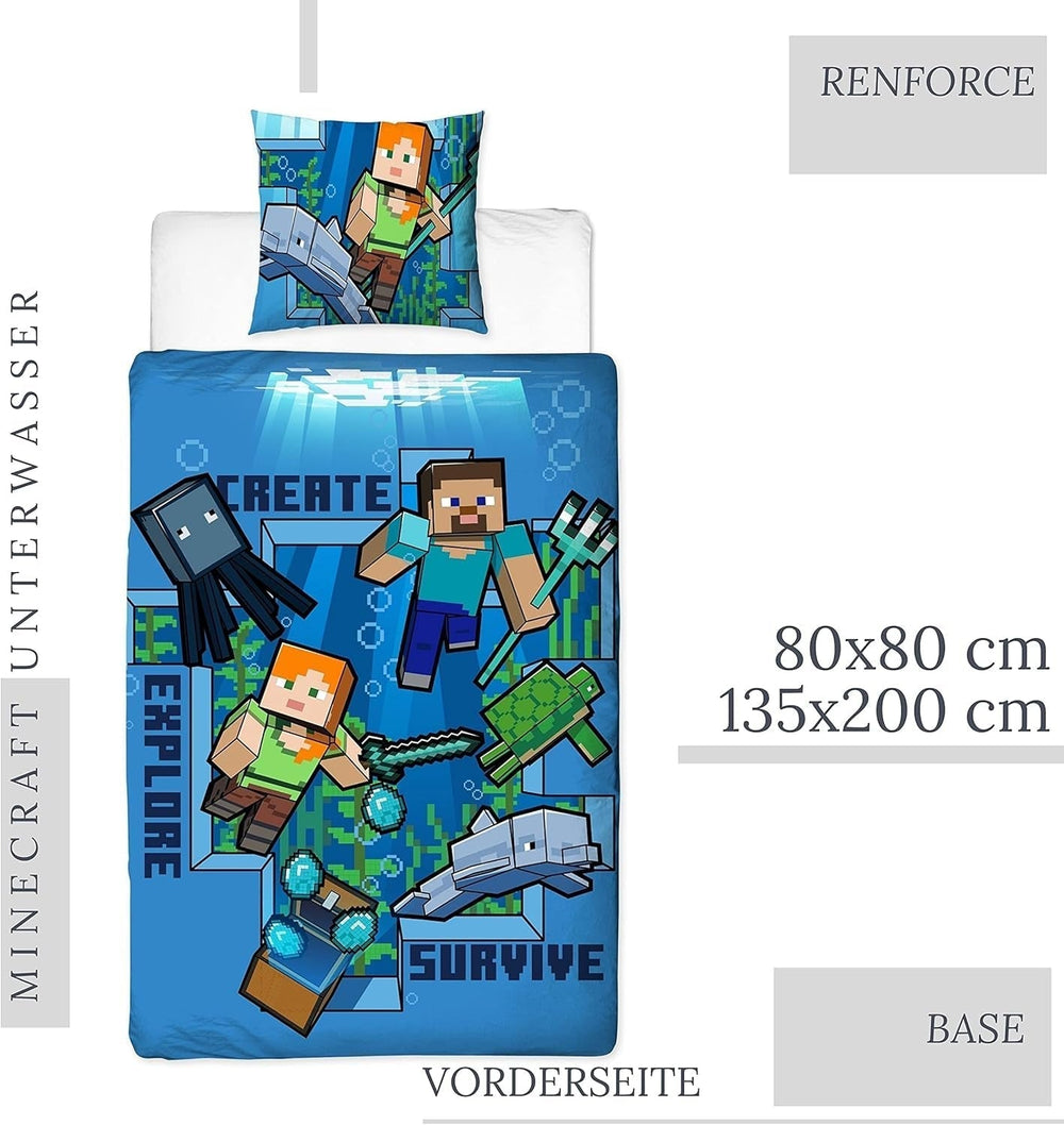Minecraft Bettwäsche Kinderbettwäsche Jugendbettwäsche 135X200 · Unterwasserwelt · Wende Motiv · Kissenbezug 80X80 + Bettbezug 135X200 Cm · 100% Baumwolle · Deutsche Größe Naty Shop