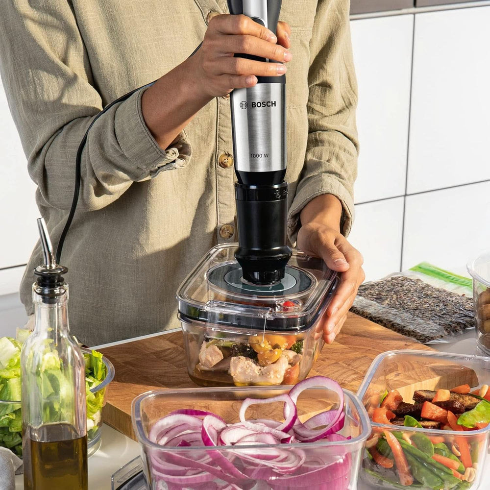 Bosch Ergomixx Style Stabmixer MS6CM61V2, Vakuum-Funktion, Vakuum-Pumpe, Vakuum-Beutel, 4-Klingen-Messer, 12 Stufen, Turbo-Funktion, 1000 W, Schwarz/Anthrazit Mutter und Kind Naty Shop