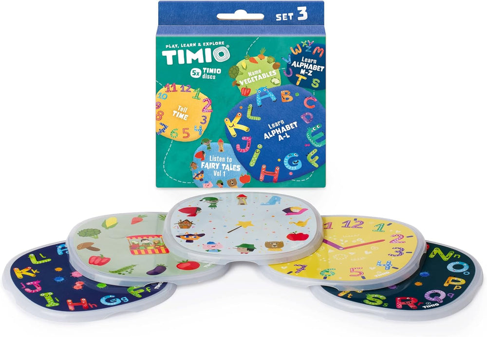 TIMIO Disc Set # 1: 5 discuri audio pentru TIMIO Player | Învață culorile, animalele sălbatice, instrumentele muzicale, 96 de versuri de grădiniță Vol. 1, părțile corpului | 8 limbi incluse | Jucărie de învățare de la 2 - 6 ani Jucarii Bebe Naty Shop Timio Disc Set 3