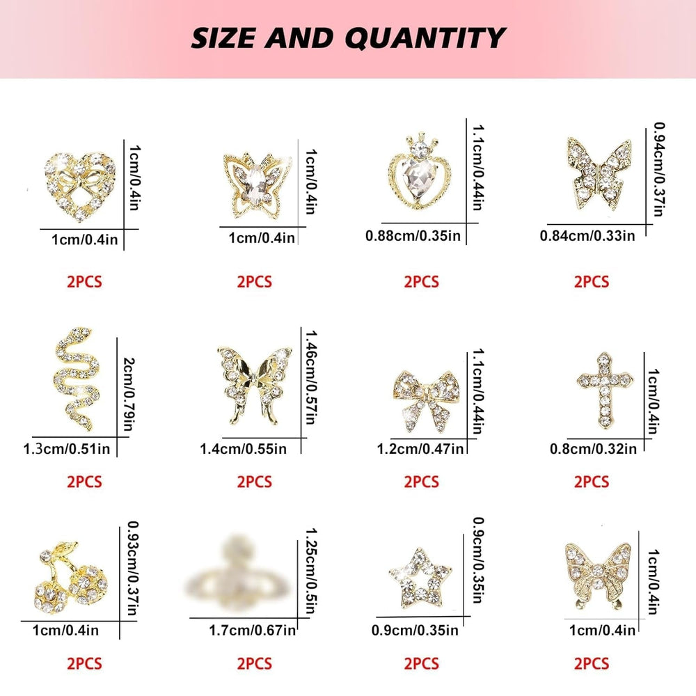 24 Stück Nagel-Charms, Y2K-Legierung, Nail Art, Strass-Charms, 3D-Herz, Schleife, Schmetterling, Charm Mit Strasssteinen, Kirsch-Nagel-Edelsteinen, Glänzender Schmuck