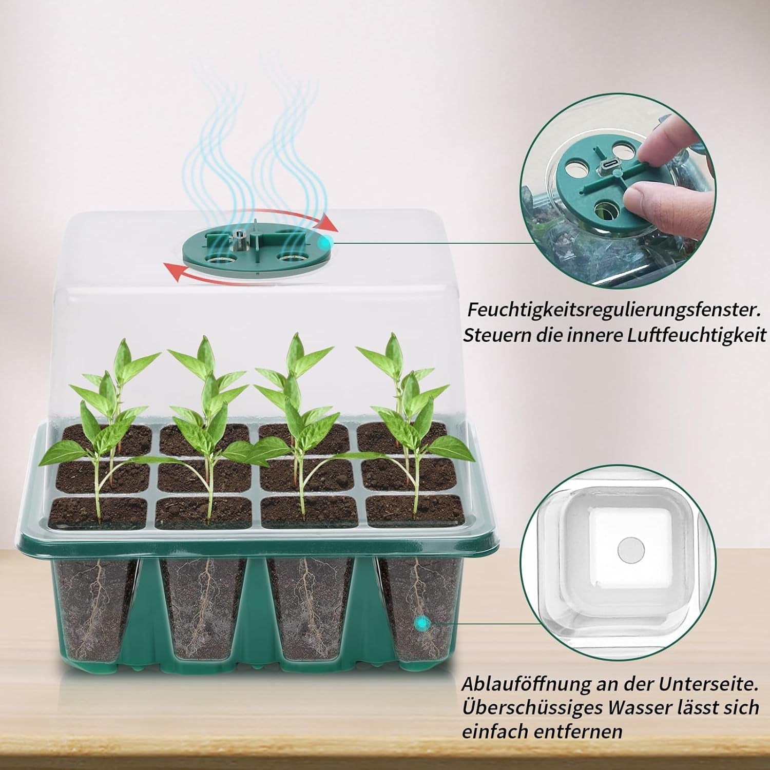 Tavă de propagare pentru seră de interior, set de propagare mini pentru seră din 2 piese cu capac ridicat, inițiator de răsaduri cu lumini pentru plante cu spectru complet, tăvi, tavă de propagare pentru seră pentru plante