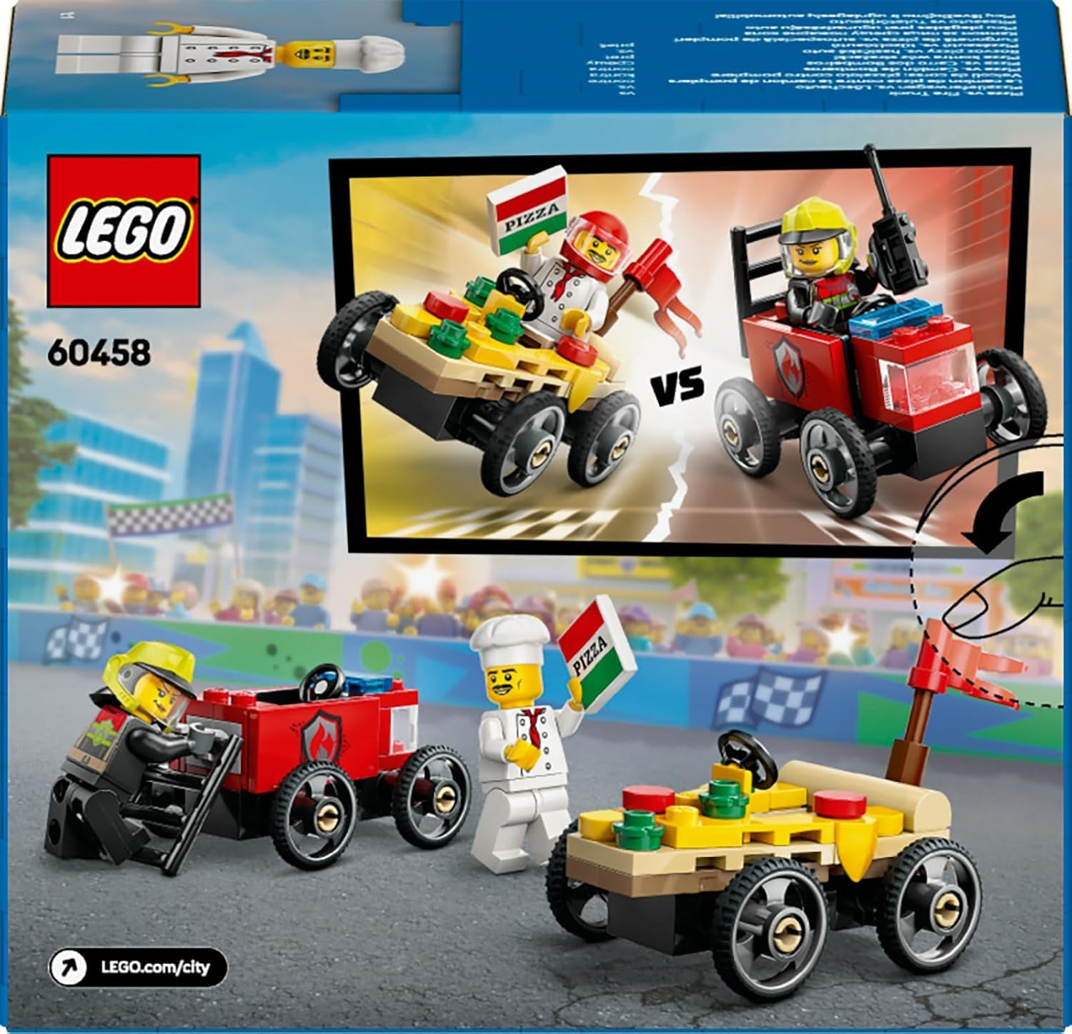 LEGO City Pizzalieferwagen vs. Löschauto - Seifenkisten Spielzeug für Mädchen und Jungen ab 5 Jahren - Bauset mit 2 Fahrer Minifiguren - Geschenk zum Geburtstag & für die Feiertage 60458