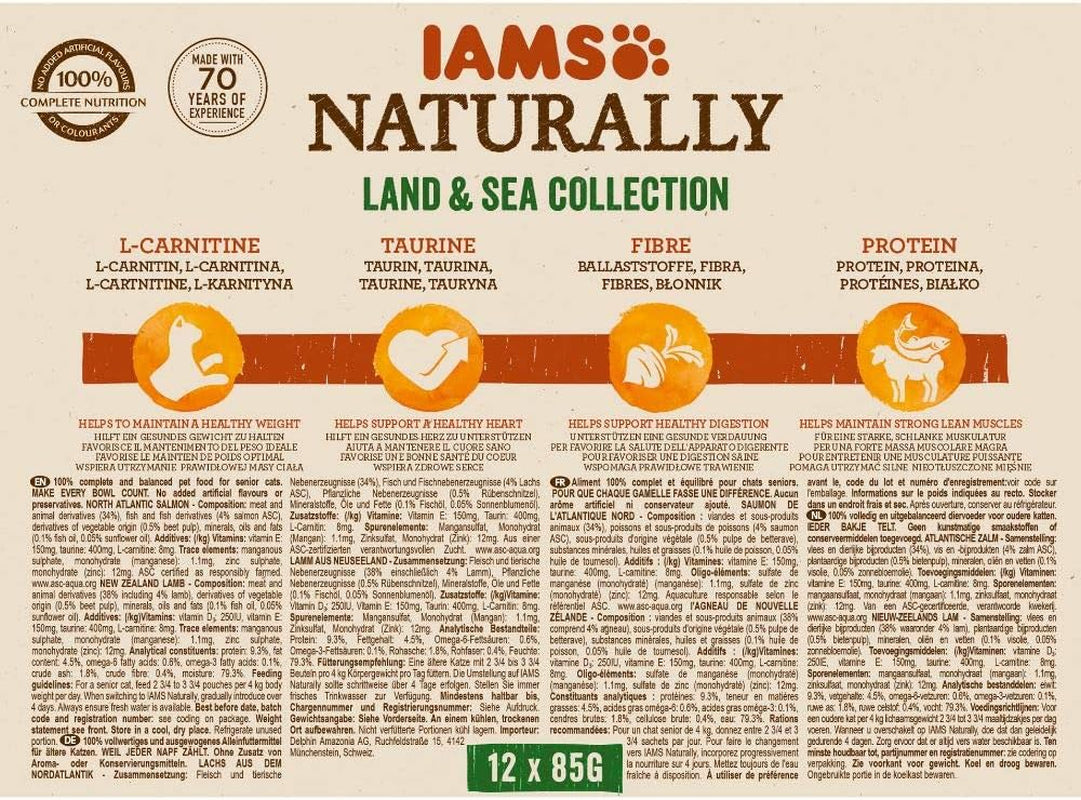 IAMS Naturally Senior Hrană umedă în sos - Hrană umedă de înaltă calitate cu carne și pește pentru pisici mai în vârstă, Colecția Land & Sea, 12 x 85 g