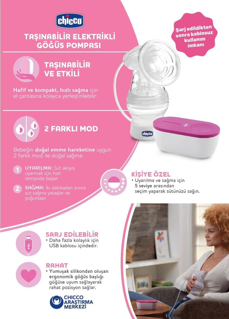 Chicco, tragbare elektrische Milchpumpe, 5 Intensitätsstufen, 150 ml Lebensmittel- und Stillzubehör Bebe Naty Shop