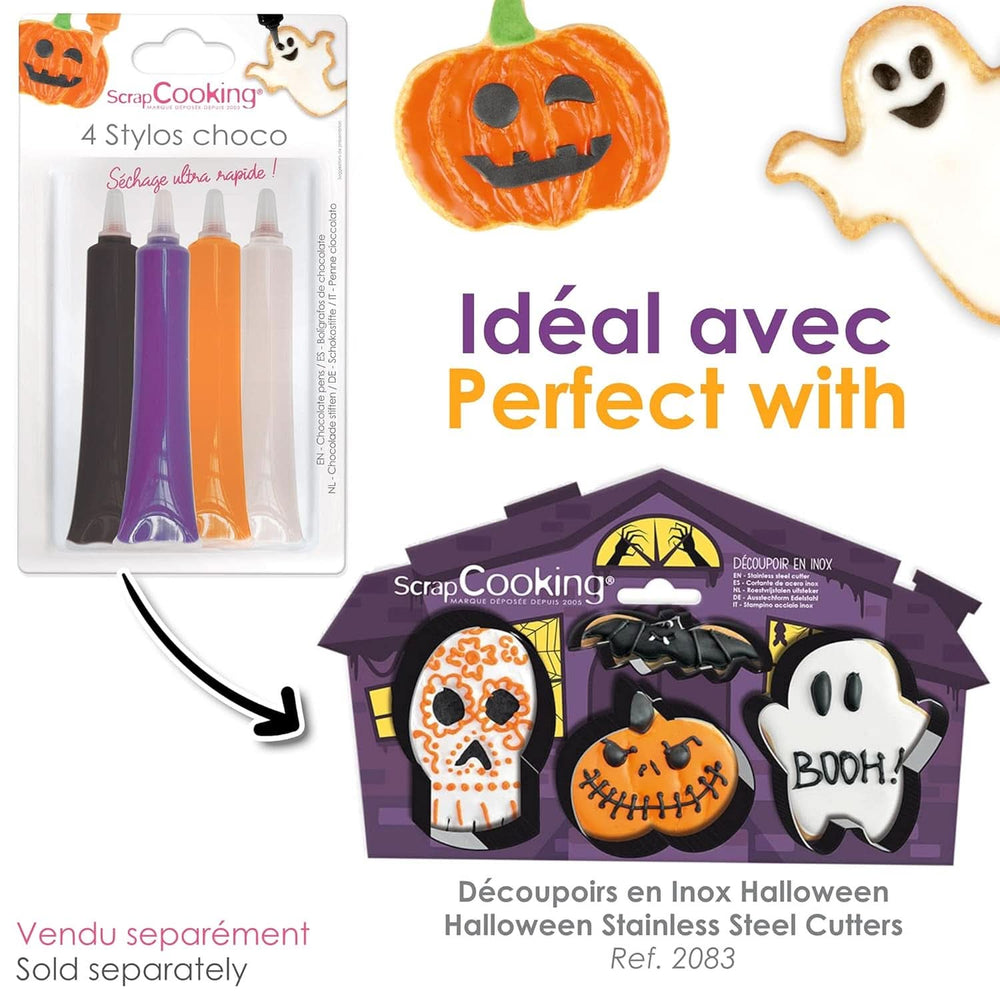 Scrapcooking – Set mit 4 Halloween-Schokoladenstiften – Schwarz, Orange, Lila und Weiß, zum Schreiben und Zeichnen auf Desserts, Kuchen und Keksen, Naty Shop
